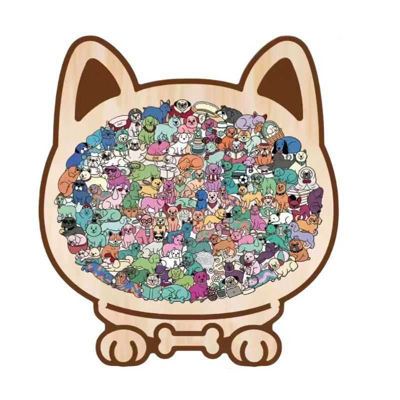 High-difficulty wooden dog puzzle with dense and cute puppy pattern, wooden tabletop decoration.